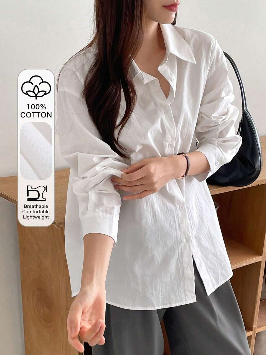 Dazy-Less Women Casual Business Solid Color Loose Long Sleeve Shirt,Long Sleeve Tops Old Money Style,Fall Clothes