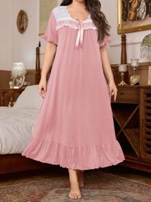 Trezura Plus Size Soft & Comfortable Knit Midi Dress With French Vintage Gown Inspired Floral Lace & Mesh Panels, Casual Loungewear, Pale Pink