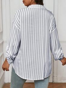 SHEIN Frenchy 大码休闲卡其色条纹长袖纽扣衬衫 - 灰色 - 查看 2