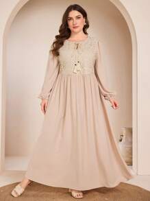 Graceveil 女式加大码圆领长袖蕾丝刺绣拼接流苏优雅浪漫优雅连衣裙，端庄 - 杏色 - 查看 3