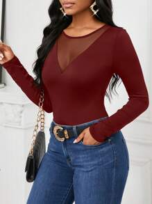 SHEIN Lady 2025 New Women Autumn Elegant Mesh Splice Fitted Long Sleeve Burgundy T-Shirt,Red Top,Christmas,Red Top - Redwood - View 3