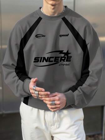 Manfinity Roghcode بلوزة رياضية كاجوال رجالي رملبان طباعة حرف، ربيع كاجوال