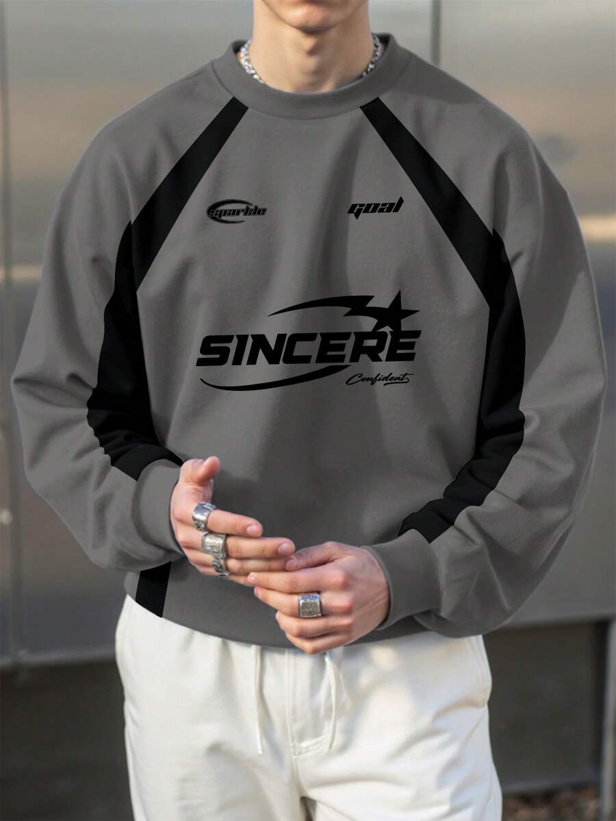 Manfinity Roghcode Men's Letter Print Raglan Sleeve Pullover Sweatshirt, Casual Autumn