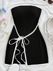 Soleia Casual & Comfortable Color Block Lace-Up Fitted Sweater Dress - Black - View 3