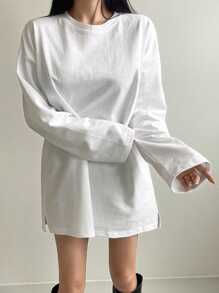 DAZY 纯色开叉下摆落肩T恤长袖女式上衣 - 白色 - 查看 3