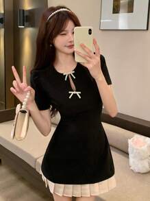 DAZY 女士圆领蝴蝶结优雅韩版风格派对迷你连衣裙夏季太阳裙、秋季服装