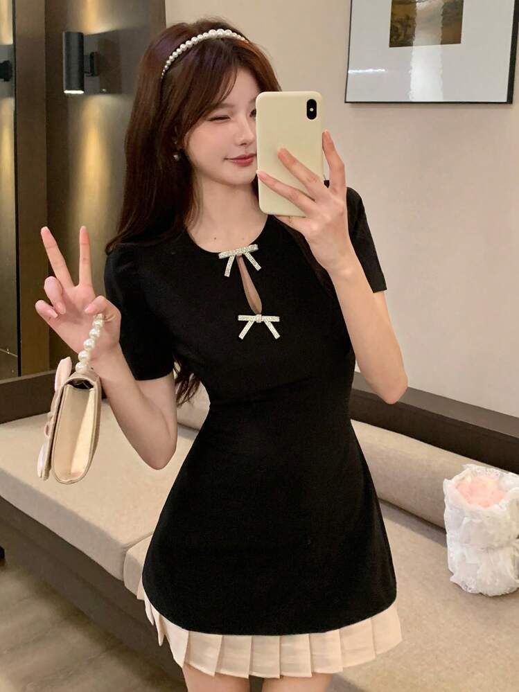 DAZY Women's Round Neck Bowknot Elegant Korean Style Party Mini Dress Summer Sundress,Fall Clothes - Black - View 7