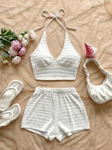 Soleia Phong cách Bohemian, Boho, Lãng mạn với họa tiết hoa, Trang phục đi nghỉ mát, Trang phục ngày Quốc khánh 4 tháng 7, Bộ hai mảnh mùa hè, Trang phục dự tiệc, Trang phục lễ hội, Trang phục đêm giao thừa/Trang phục thời tiết lạnh/Trang phục trượt băng, Trang phục hẹn hò, Trang phục đi nghỉ mát, Bộ 2 mảnh dành cho nữ, Trang phục đi nghỉ mát cho nữ: Áo crop top hai dây dệt kim họa tiết cắt xẻ xếp nếp theo phong cách đồng quê ngọt ngào dễ thương lãng mạn + Quần short cạp chun màu vàng - trắng - Xem 4