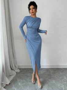 Elenzga Women's Elegant Work Commute Solid Color Form-Fitting Round Neck Folding Collar Long Sleeve Bodycon Dress, Spring/Autumn/Winter Maxi Women Outfit - Blue - View 5