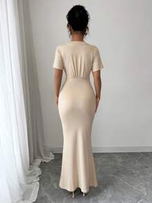 Elenzga Elegant French Style V-Neck Ruched Raglan Sleeve Romantic Mermaid Hem Dress - Apricot - View 2