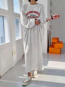 DAZY 宽松长袖字母印花连衣裙，女士休闲开叉长袖圆领修身短款灰色棉质落肩字母，标语 T 恤女式短裙，春/秋，休闲日常穿着 - 灰色 - 查看 9