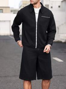 Manfinity Homme Men's Denim Set With Zip Up Jacket & Shorts, Minimalist & Fashionable, Suitable For Summer - Black - View 1