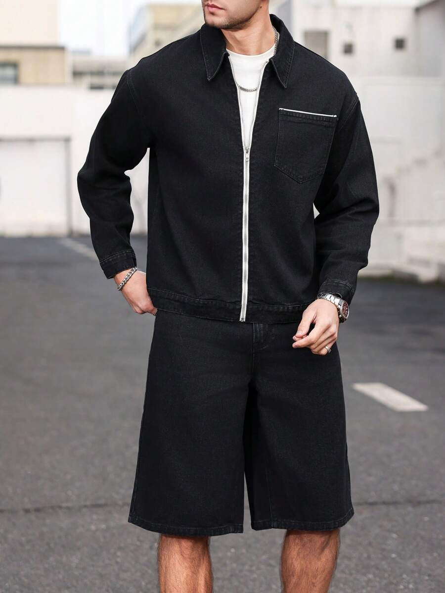 Manfinity Homme Men's Denim Set With Zip Up Jacket & Shorts, Minimalist & Fashionable, Suitable For Summer - Black - View 1