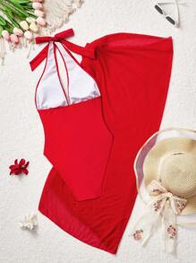 SHEIN MOD Halter Neck Top With Chest Ruffle One Piece Swimsuit & Wrap Cover Up 2 Pieces Set, Push Up Bathing Suit, Tummy Control Swimwear, Resort Wear Women, Beach Cover Up Women, Beach Vacation Outfits, One Piece Bathing Suit