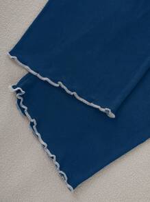 SHEIN Casual Blue Short Sleeve, Bow Decor, Ruffle Hem, Lightweight, Soft Milk Silk Pants Set, Comfy House Outfit For Tween Girls, Spring/Summer/Autumn Bowknot