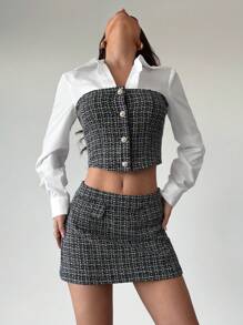 Firerie 2pcs Women's Black And White Checkered Tweed Patchwork Blouse + Knee Length Skirt Set,Autumn Elegant Brunch Outfit For Party,Business Casual - Black and White - View 4