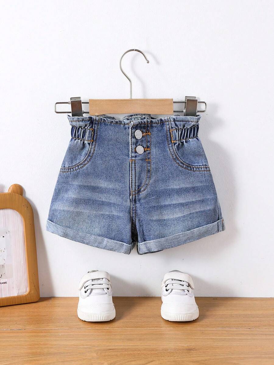 SHEIN 女婴可爱荷叶边牛仔短裤,蓝色,适合儿童春夏休闲度假穿着,也适合乡村波西米亚风,适合海滩穿着,也适合春假狂欢节。 - 淺色水洗藍 - 查看 1