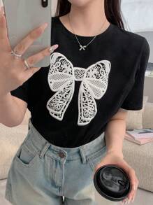 DAZY 女士夏季蝴蝶印花宽松短袖T恤带蝴蝶结可爱上衣、教师装