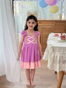 Dozemod Young Girl Girls Cute Minimalist Square Collar Cross Ribbon Decor Contrast Color Stitching Knit Nightgown, Princess Style, Wedding Flower Girl Graduation Dress - Purple - View 4