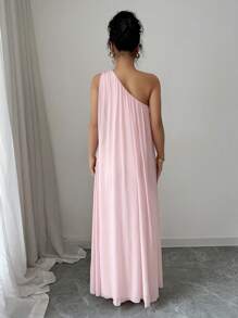 Elenzga Romantic Elegant One Shoulder Pleated Mesh Caplet Long Dress - Pink - View 2