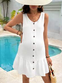 SHEIN Pregnant Women Solid Color Button Design Casual Textured Sleeveless Dress