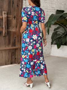 SHEIN Elegant Maternity V-Neck Midi Floral Print Beach Vacation Dress For Women - Multicolor - View 2