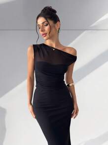 Firerie 女士黑色不对称肩部网眼衬衫和长款鱼尾裙两件套 - 黑色 - 查看 5