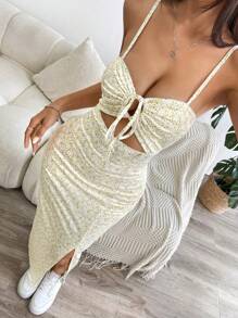 SHEIN EZwear 花卉印花吊带背心镂空大腿开衩连衣裙 - 黃色 - 查看 5