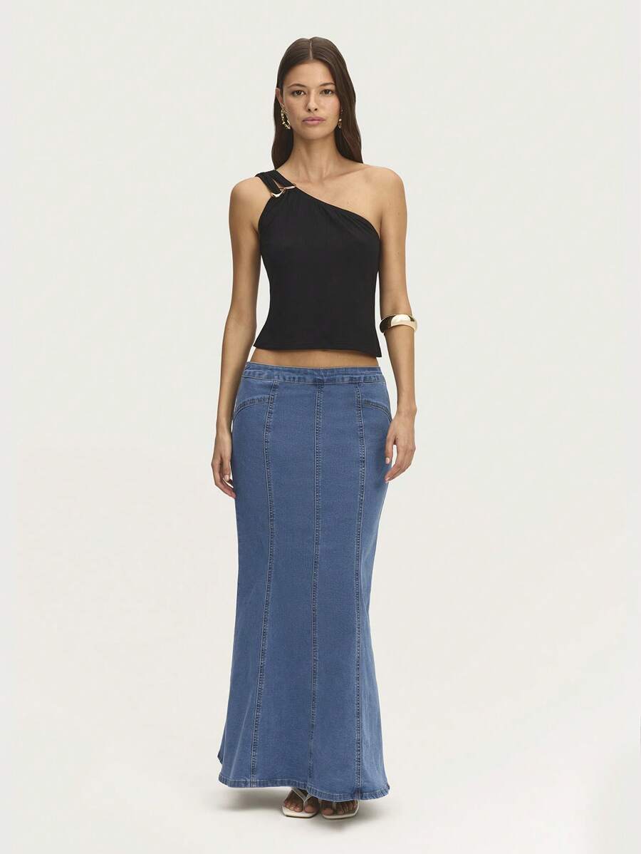 Nöista Mermaid Denim Skirt Long Length Zipper On The Back. Spring Summer - Dark Wash - View 1