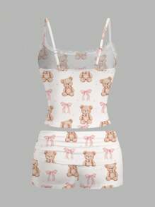 SHEIN Essnce 2 件套女士蝴蝶结熊全身印花蕾丝吊带背心和荷叶边短裤套装，适合夏季