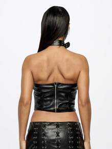 SUMWON WOMEN Studded Faux Leather Bandeau Crop Top Festival Club Party Strapless Bustier Evening Wear Corset Style Clubwear