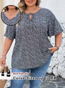 SHEIN CURVE+ 大码黑色碎花前系带衬衫裙，优雅的夏季度假装