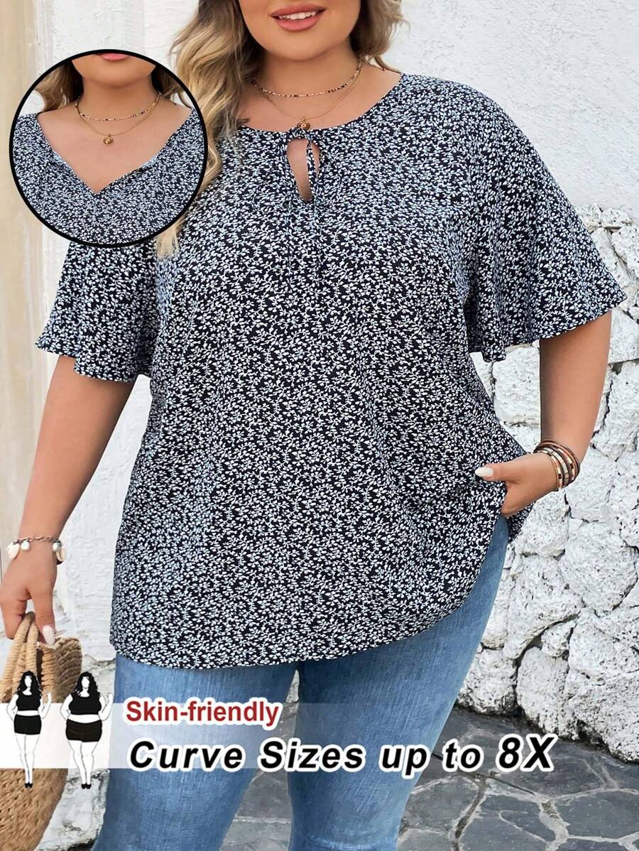 SHEIN CURVE+ 大码黑色碎花前系带衬衫裙，优雅的夏季度假装