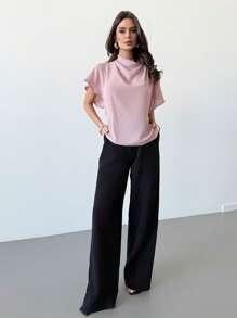Firerie Women's Elegant Dusty Pink Ruffle Collar Blouse Summer Work Business Office Casual Wear Minimalist Daily Commute Teachers' Day Loose Fit Short Sleeve - Dusty Pink - View 8