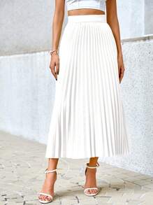 SHEIN Privé 女士纯色高腰百褶裙，优雅，太阳裙