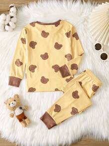 SHEIN 2pcs Young Boy Snug Fit Bear Print Colorblock Crew Neck Long Sleeve Top & Pants Soft Intimate Pajamas Set - Yellow - View 2