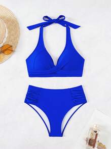 Swim Lushoire Women's Blue Front Twist Pleated 2 Pieces Shorts Set, Beach Vacation Outfit