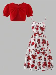 SHEIN Explorewe Bộ 2 chiếc khăn choàng mỏng bằng vải chiffon cho bé gái tuổi teen kết hợp với váy yếm họa tiết hoa nhỏ nhắn, rộng rãi và thoải mái, bó chặt eo, thích hợp để mặc hàng ngày, đi nghỉ ở bãi biển, khu nghỉ dưỡng giải trí, khách dự tiệc cưới sang trọng - Đỏ - Xem 3