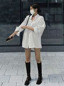 DAZY 女士纯色长袖衬衫，商务休闲风格 - 白色 - 查看 3