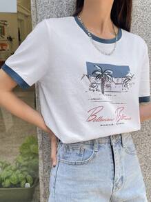 DAZY Letter & Palm Tree Print Contrast Binding Tee,Graphic Tees