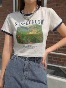 DAZY Scenery & Slogan Graphic Contrast Trim Tee, SUNSET GLOW VACATION EVERY MOMENT INSPIRE YOU ORIGINAL PLAYGROUND INTERNATIONAL,Crop Tops Women - Light Grey - View 9