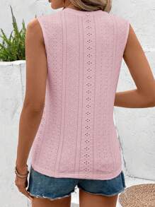 EMERY ROSE Women's V-Neck Geometric Hollow Out Jacquard Knitted Tank Top With Front Central Button Closure - Pink - View 2