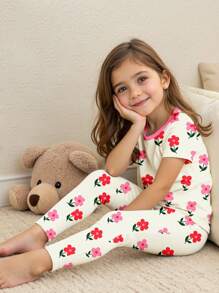 SHEIN Young Girl Floral Print Casual Minimalist Snug Fit Round Neck Short Sleeve Top And Long Pants Sleepwear, Suitable For All Seasons - Multicolor - View 4