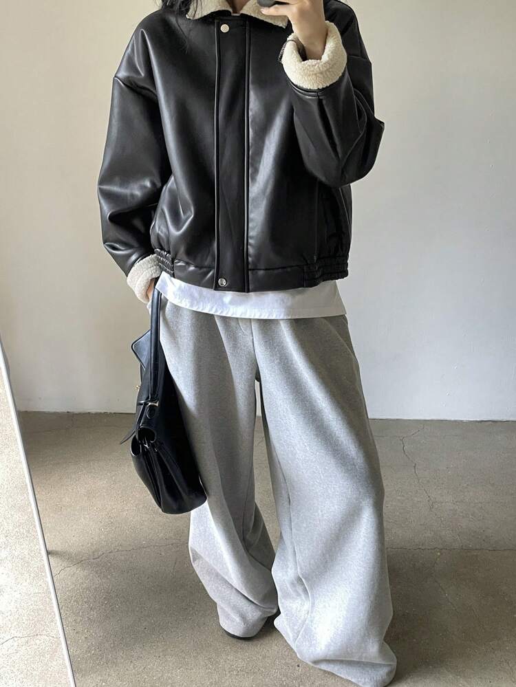 Women's PU Leather & Faux Shearling Patchwork Jacket,Fall Women Clothes
