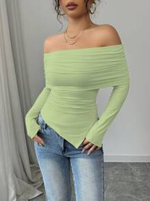 Elenzga 女士优雅露肩翻领荷叶边下摆修身 T 恤，春/秋 - 綠色 - 查看 6