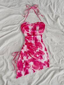 Soleia Vacation Casual Halter Drawstring Asymmetric Hem Tie-Dye Bodycon Dress - Pink - View 2