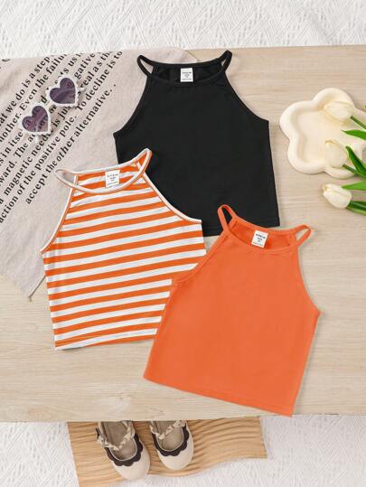 3 件套少女纯色针织无袖上衣和条纹针织无袖上衣套装