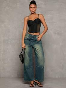 Glamine Sexy Mesh Patchwork Solid Woven Wire Rim Camisole Tank Top For Women - Black - View 3