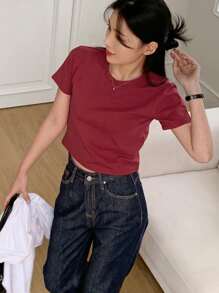 DAZY 女士夏季純色圓領短袖休閒T恤 - 玫瑰紅 - 查看 3