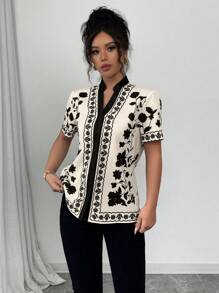 Selianne Elegant Commuter Floral Print Notch Collar Blouse - Black - View 3